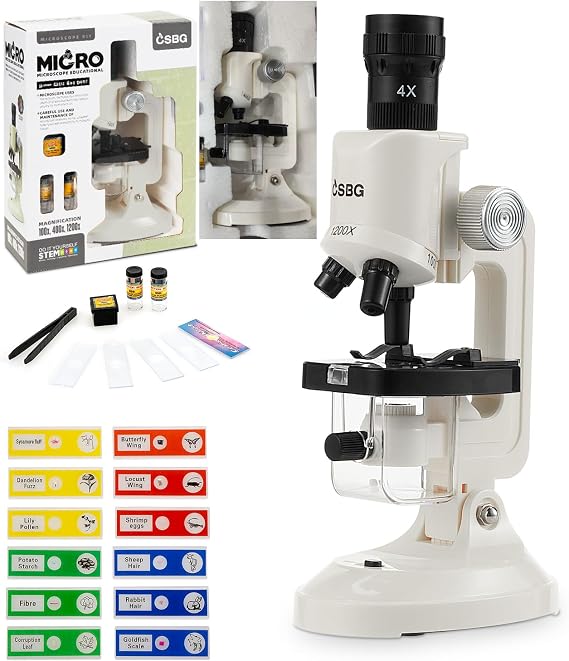Microscope for Kids, 100X 400X 1200X Sample Prepared Slides 12pcs, White