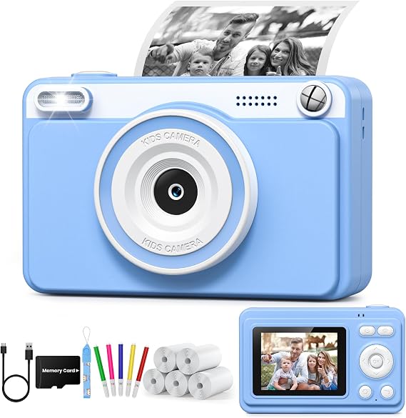 GREENKINDER Instant Children's Photo Camera, HD/1080P Instant Camera for Children with Card and 5 Rolls of Thermal Paper, Birthday and Christmas Gift for Children from 3 to 12