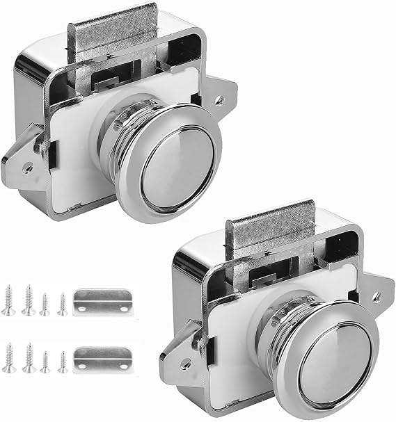 2 Pack Push Button Latches Locks Replacement Keyless Door Lock Keyless Cabinet Door Catch Lock for Caravan Motorhome Camper Van Latch Cupboard (Sliver)