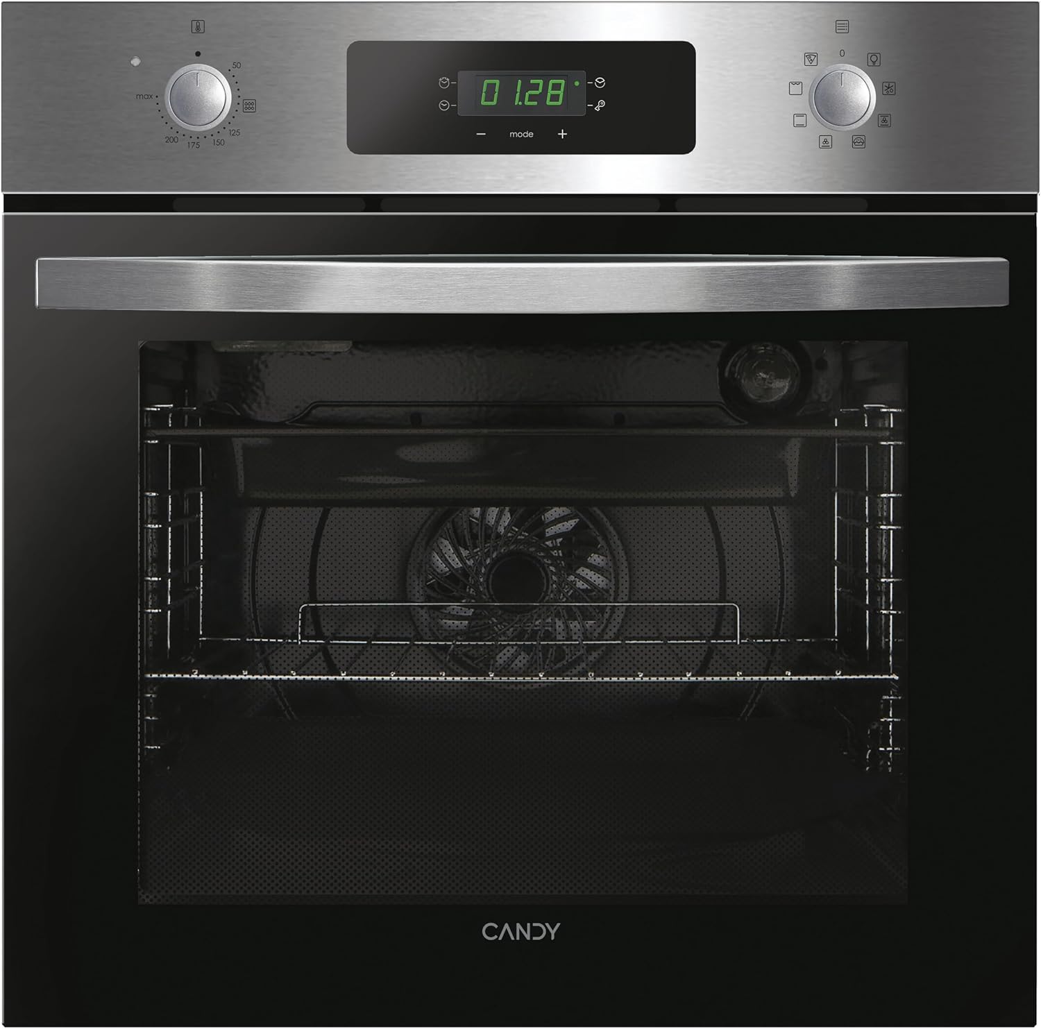 Candy FIDCP X625 L, Horno Multifunción, 70L, Bandeja y Rejilla, Limpieza Aquactiva, Convección  Ventilador radial, 8 Funciones, Display Timer Touch, Mandos Push&Pull, Puerta 2 Cristales, Inox y Negro [Clase de eficiencia energética A]