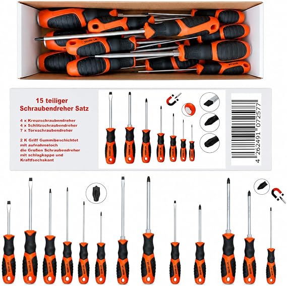 15 Piece Screwdriver Set Professional Tool Set with Versatile Screwdrivers Slotted Cross and Many Torx Screwdrivers