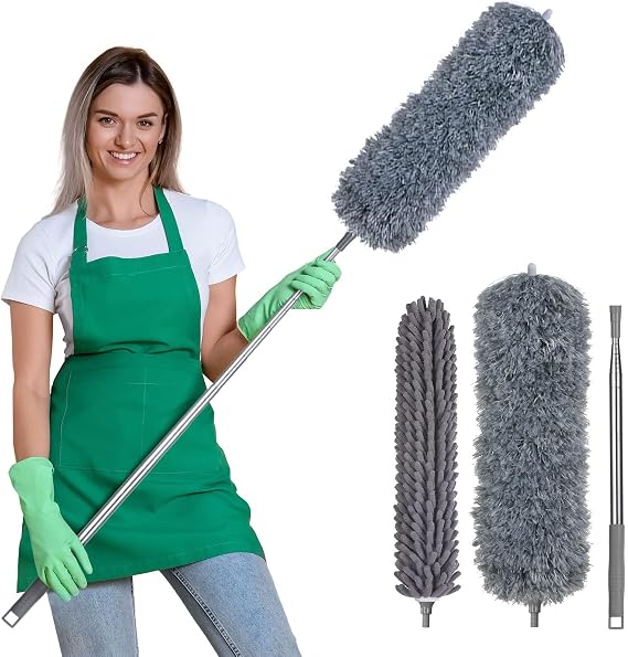 Vicloon Extendable Feather Duster,2-in-1 Bendable Reusable Microfiber Duster with 100" Extra Telescopic Extending Pole and Window Slot Cleaning Brush for Cleaning Ceiling Fan High Ceiling