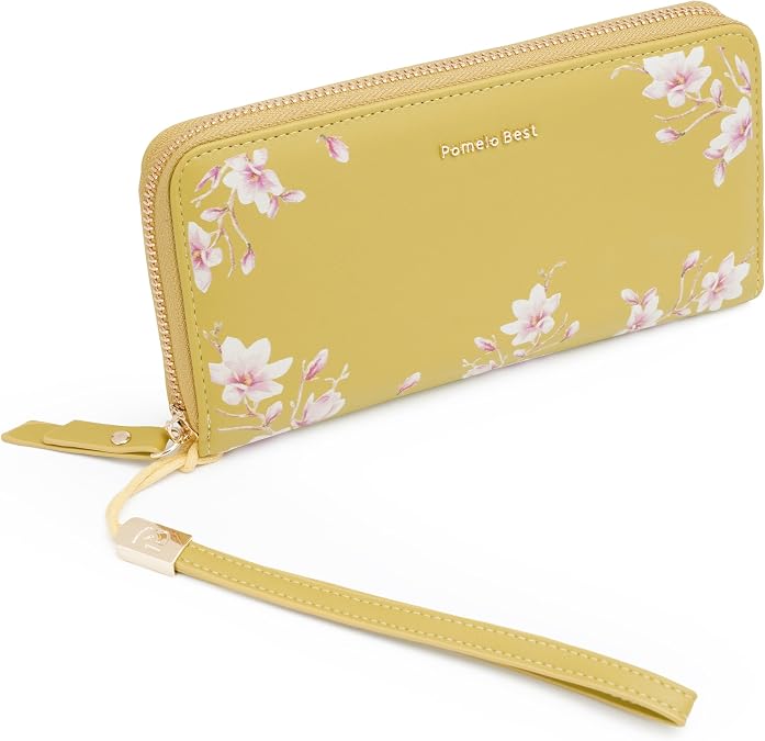 Pomelo Best Womens Purse Large Embossed Flower Zip Wallet with Wrist Strap and RFID Blocker