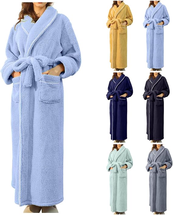Womens Soft Fleece Dressing Gown UK Clearance Ladies Full Length Bathrobe Long Sleeve Pajamas Cozy Shawl Collar Robes Casual Comfort Loungewear Plush Nightwear Winter Warm Housecoat Soft Nightgown