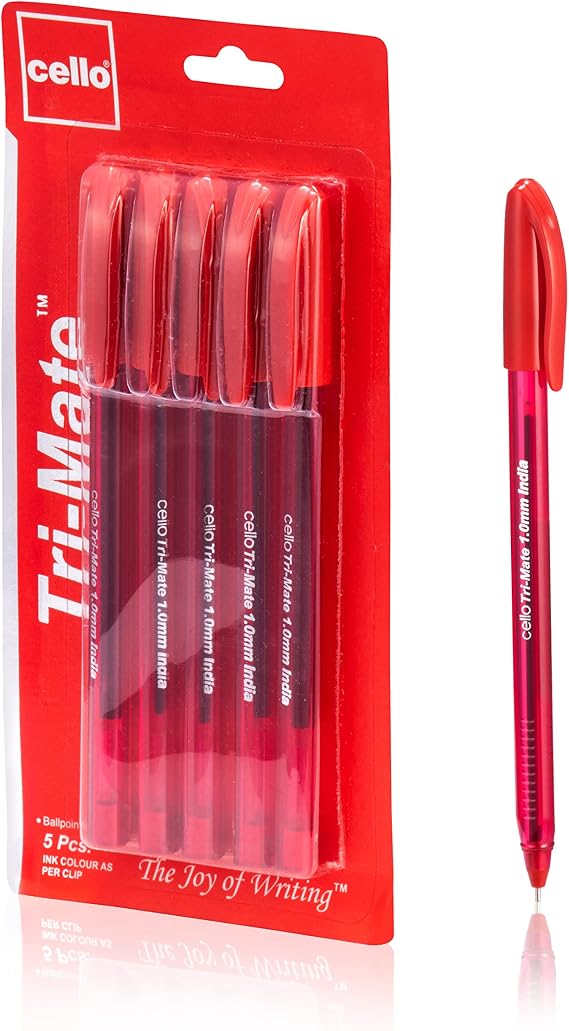 Cello Original Tri-Mate Triangular Barrel Ballpoint Pen Medium Point Biro (1.0mm) (Red, Pack of 5)