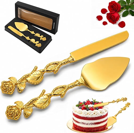 Wedding Cake Knife and Server Set, Gold Vintage Rose Cake Cutting Utensils, Cake Slice Set for Bridal Gift, Cakes Cutter Set for Birthday, Party, Anniversary, Valentine's Day, Pizza, Pie