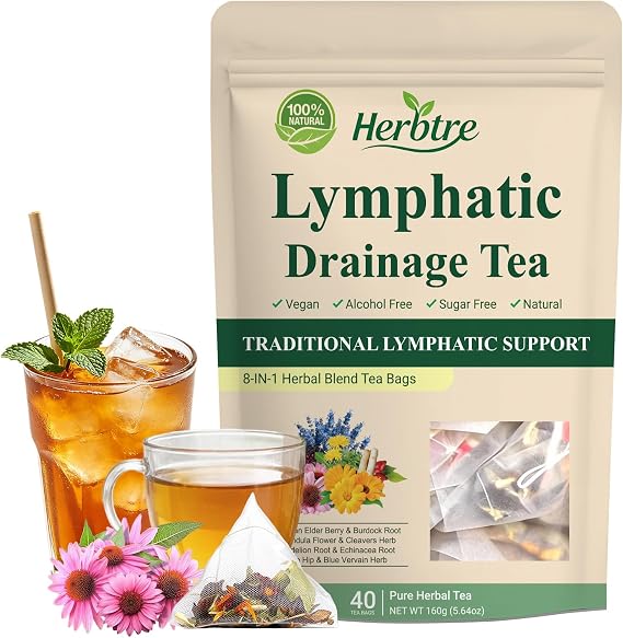 Lymphatic Herbal Detox Tea, Lymphatic Drainage with Dandelion Root Extract for Bloat Relief & Water Retention - 8-Herbal Blend - for Immune, Cleanse & Lymph System Support, Caffeine Free, 40 Tea Bags