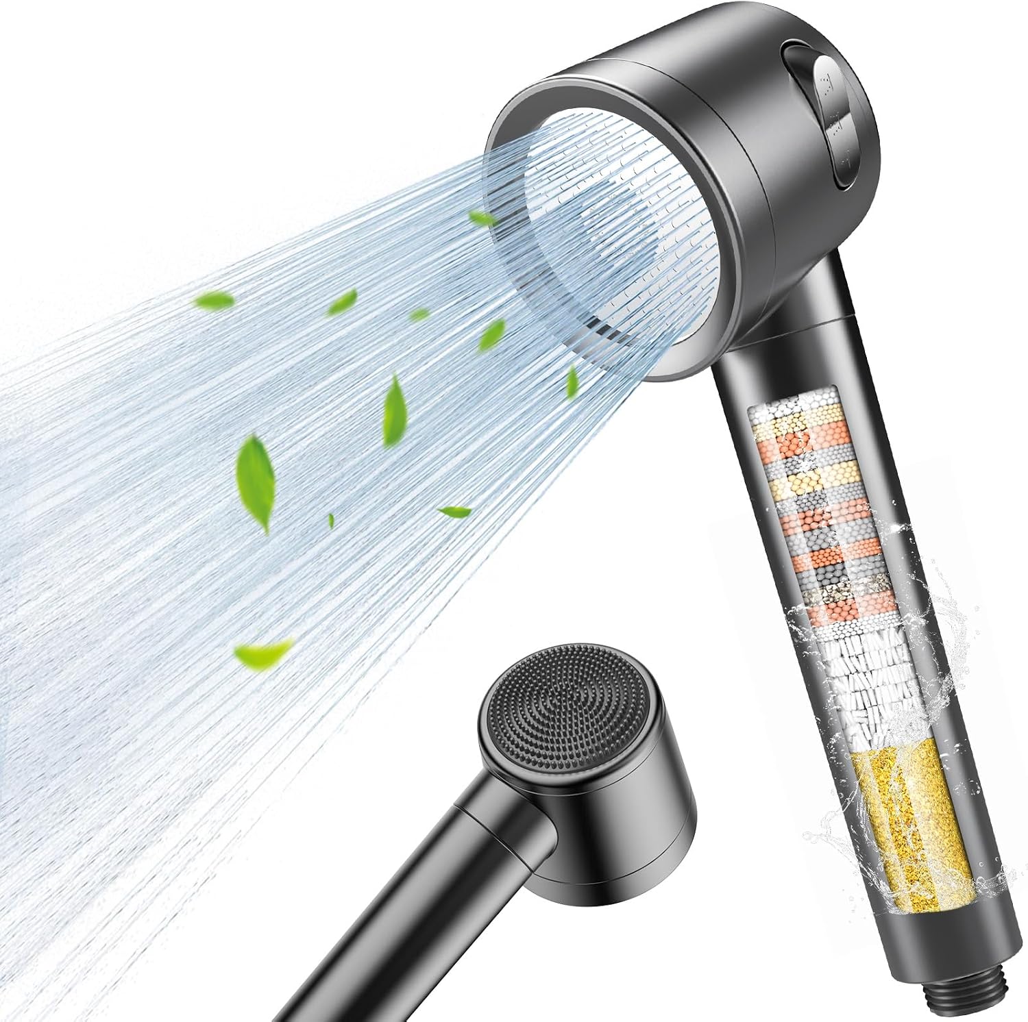 PWERAN Super Strong High Pressure Shower Head with Filter Water-Saving Hand Shower 4 Jet Types (Rain Intense Massage) Against Limescale Shower Head for Shower Removes Residual Chlorine Heavy Metals and Bacteria (Grey)