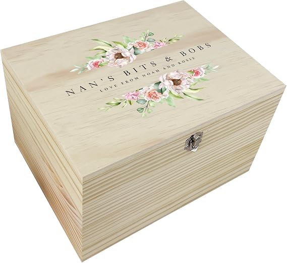 Personalised Any Message Pink Floral Wooden Memory Box | Mother's Day, Anniversary, Birthday Gift for Her | W36 x D26.9 x H20cm
