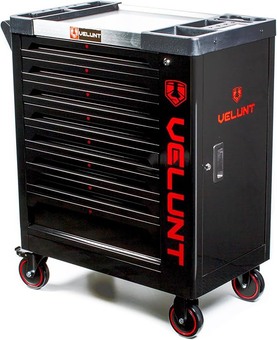 Tool Trolley Cabinet with Tools, Heavy Duty Steel Workshop Storage Chest, Rolling Tool Box with Drawers, Mechanic Garage Tool Carrier (VLTC8/6) (Black)