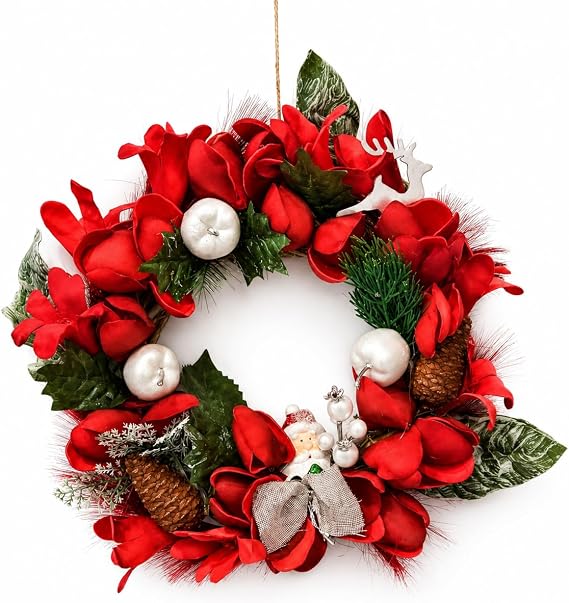 El Yapımı Yılbaşı Kapı Süsü Çelengi, Kırmızı, 25 CM, Doğal Dal Üzerine Yapay Çiçekli, Noel Temalı Premium Dekorasyon
