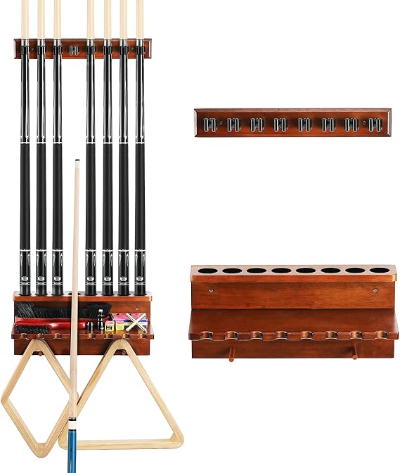 EXTCCT Wall Mount Pool Cue Holder, Snooker Billiards Rack, 8 Cue Brown