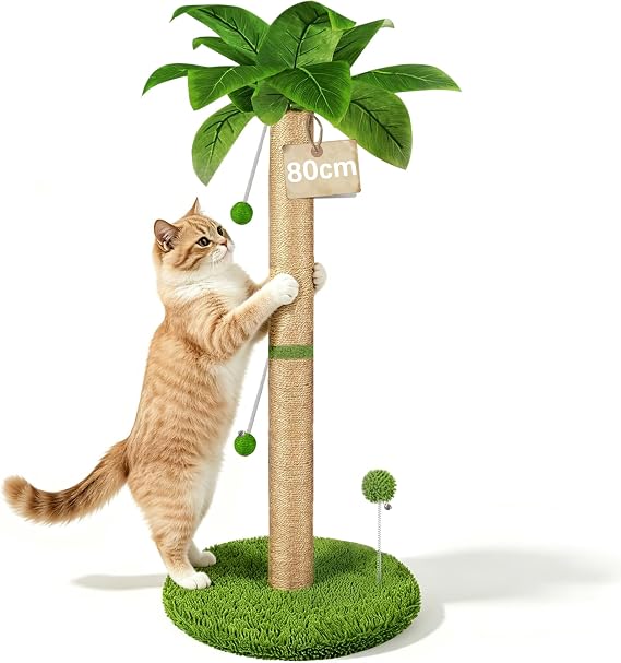 Cat Scratching Post, 82 cm Height Scratching Tree with Premium Sisal Rope, Two Interactive Hanging Balls and Spring Toys for Indoor Cats and Kitten