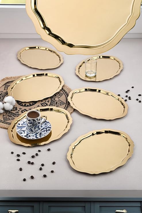 6 Adet Oval Dalgalı Sade Kahve Ve Sunum Tepsisi 20 Cm X 25 Cm, Gold