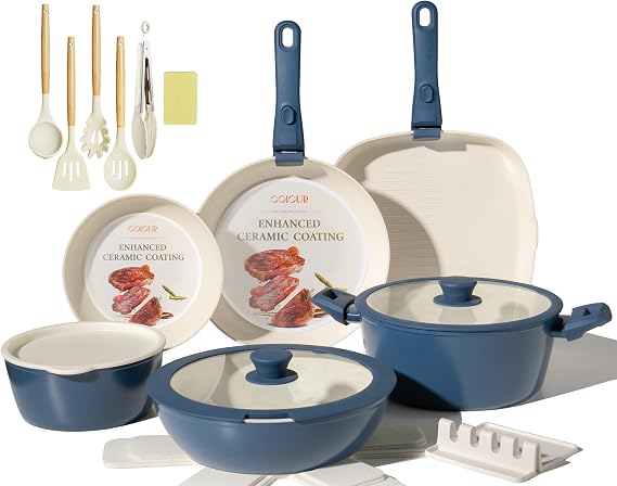 23Pcs Ceramic Cookware Set Non Stick Pots and Pans Set Non Toxic with Detachable Handle Induction Kitchen Cookware Set Space Saving, Oven & Dishwasher Safe, Blue