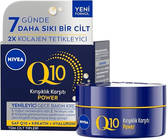 NIVEA Q10 Kırışıklık Karşıtı Gece Bakım Kremi 50 ml,Nemlendirici,Yenileyici,Kreatin,Hyaluronik Asit