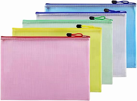 Plastic Wallets File Folder A4 Zip Lock Bags Mesh Document Plastic Pockets Zipper File Wallet for Homework Office School Supplies 5Pcs