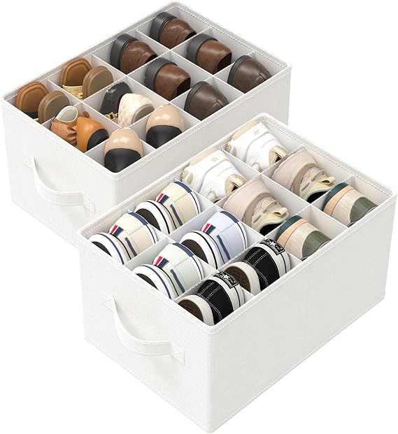 Shoe Storage Bins, Fits 12-24 Pairs, 2 Pack, 42x32x26 cm, White