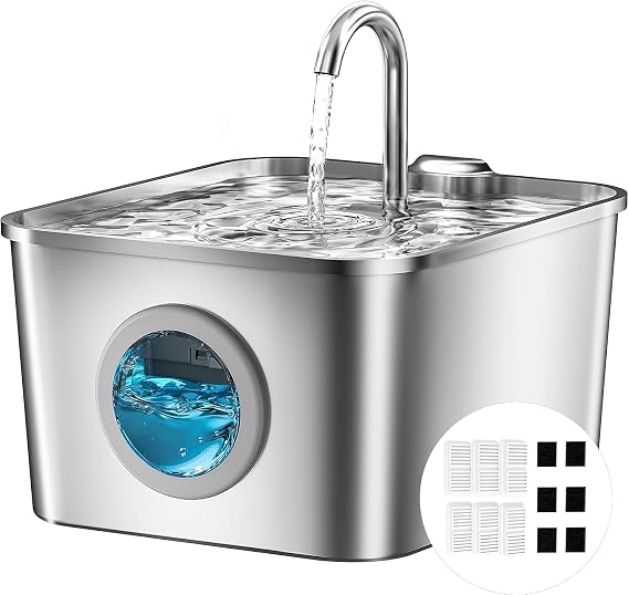 Cat Water Fountain for Drinking: 2.6L Stainless Steel Cat Water Fountain, Multiple Filtration Pet Water Fountain, Built-In Led, Ultra Silent with 6 Sponges and 6 Filter