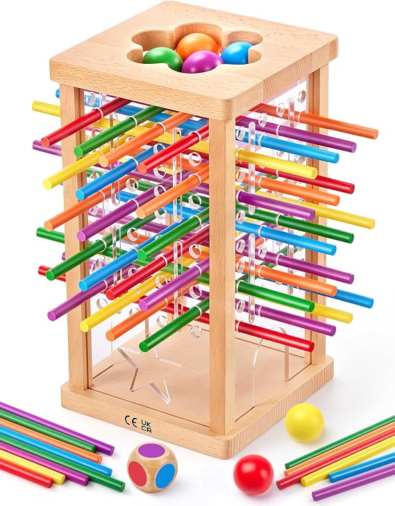 Wooden Montessori Board Game, 42 Colourful Sticks with Dice, Ball Drop Game, Fine Motor Skills Toy, Math Learning Educational Toys for 3 4 5 6 Years Old, Family Travel Game Gift for Boys Girls