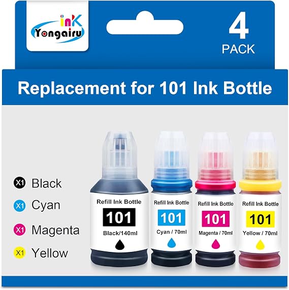 101 Mürekkep Epson 101 Mürekkep Şişesi ile Uyumlu Çoklu Paket EcoTank C13T03V14A C13T03V24A C13T03V34A L4150 L4160 L6160 L6170 L6190 (4'lü Paket, Pigment Siyah/Camgöbeği/Macen) ta/sarı)