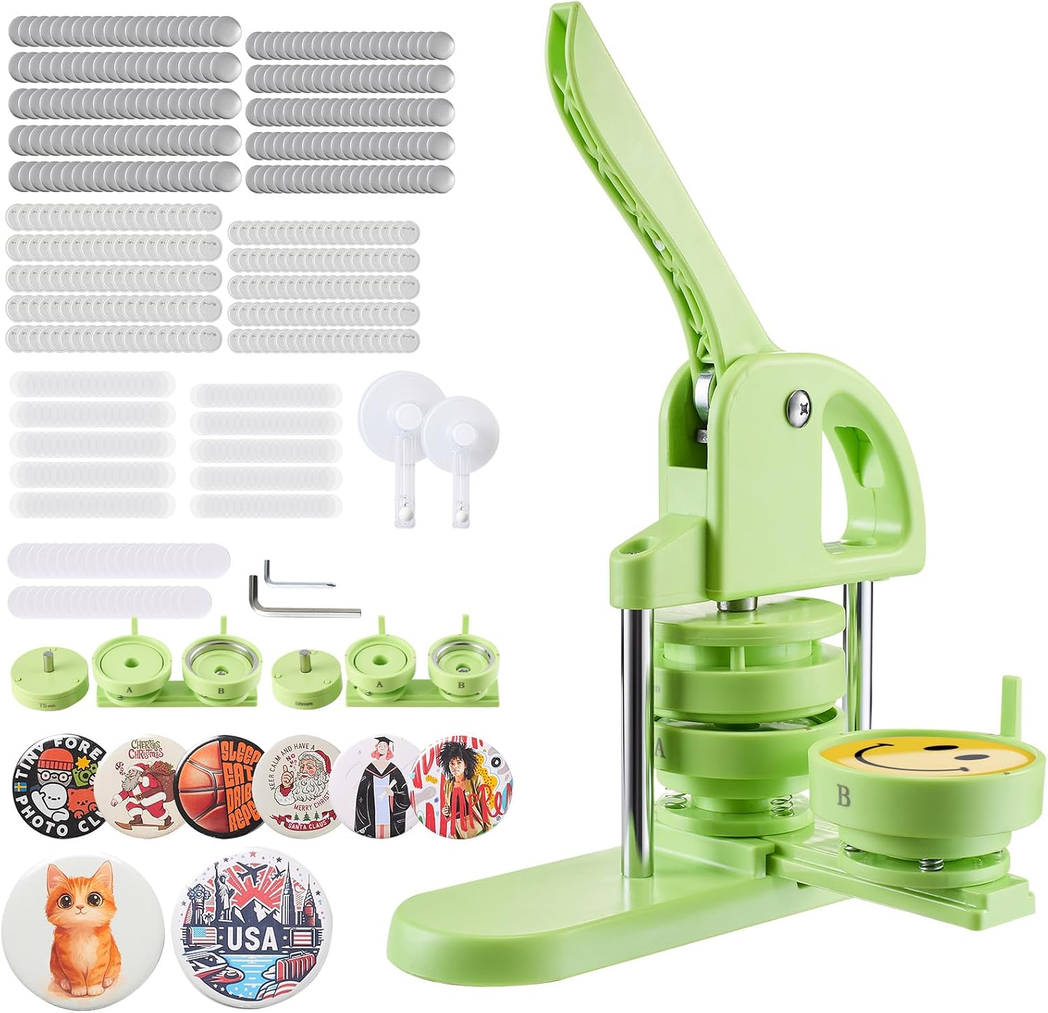VEVOR Button Maker Machine, 58 mm  75 mm 2-in-1, Plastic Pin Maker with 200 pcs Button Parts, Circle Cutter and Magic Book, Reinforced Ergonomic Handle, for DIY Badges, Personalized Pins, Green
