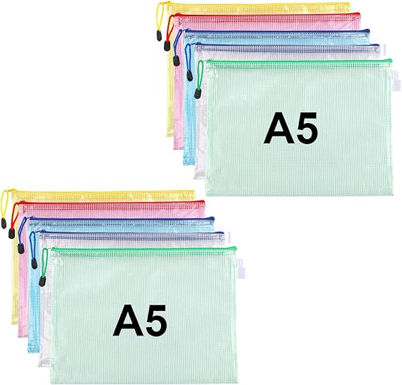10 Pcs Plastic Wallets, A5 Zip Lock Bags Size,Waterproof Plastic Pockets Zipper Mesh Document Folders Wallet Zipper Bags for Office Homework School Supplies Travel Files Storage Bags (5 Colors)