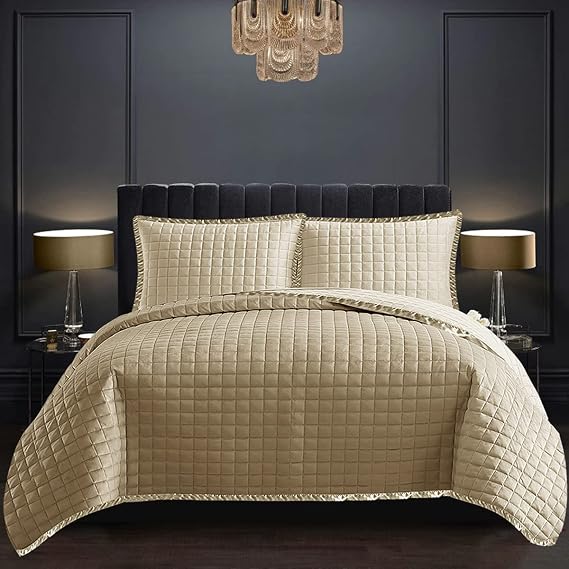 PRIME LINENS Quilted Comforter Double Bedspreads & Coverlets 100% Cotton Beautiful Silk Border Complete Quilt Bedding Set with 1x Bedspread + 2 Pillow Shams (Osca Beige)