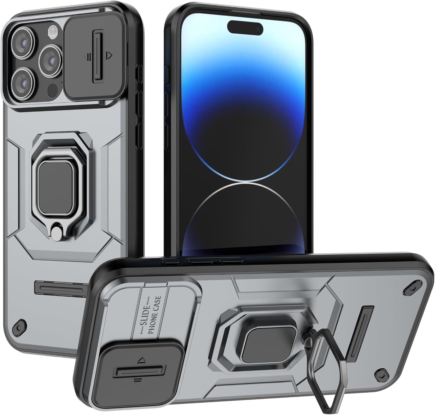 携帯電話ケース Honor X50/Honor X9B サポートカーホルダー スライディングウィンドウ 耐衝撃 保護カバー Honor X50/Honor X9B用 ミリタリーケース レンズプロテクション グレー