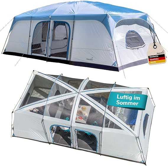 Skandika Tonsberg 5/10 People Camping Tent with Single Skin, Mesh Roof, Removable Fly, Standing Height 2 m, Sewn-in Tent Floor, 4000 mm Hydrostatic Head, Large Family Tent