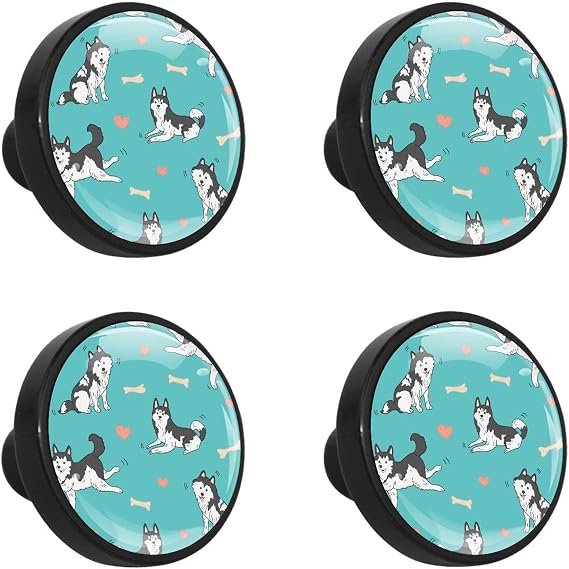 4 Pack Kitchen Cabinet Knobs, Drawer Knobs, Dresser Knobs, Drawer Pulls, Dresser Drawers, Handle Knobs, Cartoon Animal Husky Heart