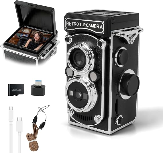 Retro Mini Digital Camera, 1080P FHD Video 48MP Retro Digital Twin-Lens Camera, 1.54" Portable Mini Camera with Black & White Filter 32GB Card for Beginners Teens Boys Girls (Black)