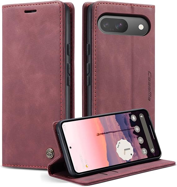 CaseMe Google Pixel 9/9 Pro için kılıf, vintage, ince cep telefonu kılıfı, kart bölmeli, para yuvası, stantlı, poliüretan deri kılıf, kapaklı koruyucu kılıf, Google Pixel 9/9 Pro için, kırmızı