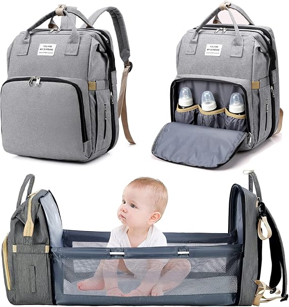 Foldable Diaper Backpack, Portable Diaper Changing Bag, Baby Bag Backpack, Convertible Diaper Bag, Large Capacity, Waterproof, for Baby Stroller (Grey)