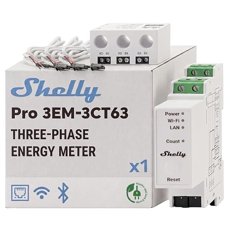 Shelly Pro 3EM-3CT63 – Single-phase Energy Meter, 3-Phase, DIN Rail Mount, Ampermetric Clamps Included, Pulse Output, Remote Control By App, Photovoltaic System Measurement