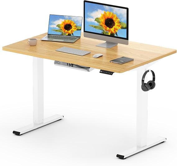 FLEXISPOT ONE PIECE Electric Standing Desk Height Adjustable Desk Sit Stand Desk with 4 Memory Smart Pannel and Backpack Hook for Home Office, 120 x 60cm Maple