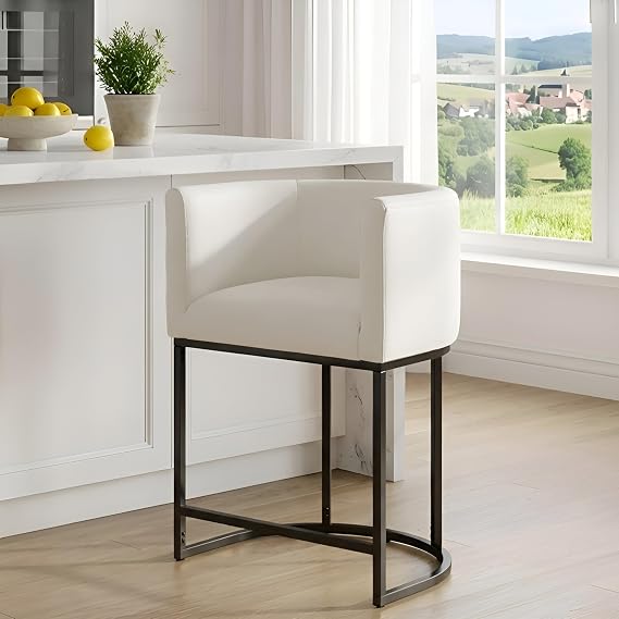 RIVOVA PU Leather Bar Stools, Modern Upholstered Counter Height Bar stools 24" Leather Barstools Barrel Kitchen Counter Island Stools with Black Metal Base, White