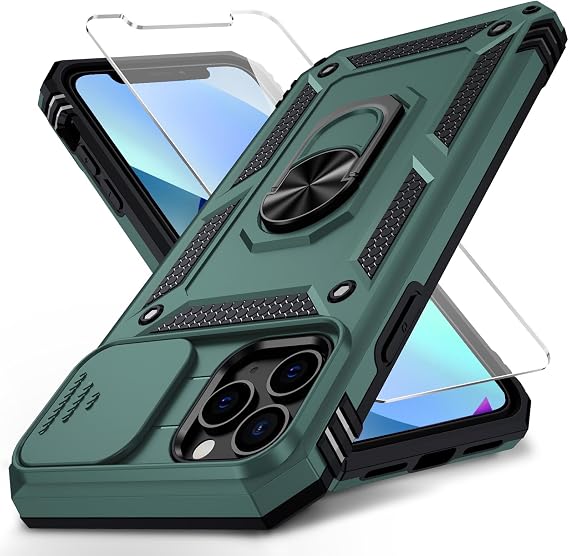 iPhone 11 Pro用ケース カメラレンズカバーHDスクリーンプロテクター、10フィートの軍用グレードの落下保護、磁気リングホルダー キックスタンド保護フォンケース、iPhone 11 Pro 5.8インチ用、パイングリーン