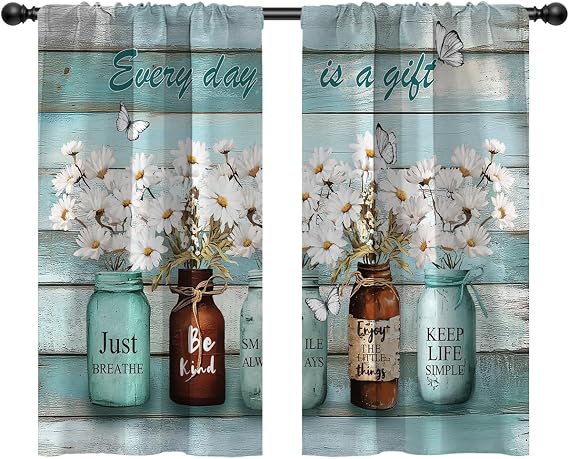 Teal Floral Kitchen Curtains, Small Short Tiers, 27.5 x 39 Inch