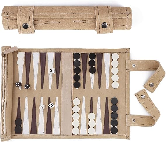 SONDERGUT - Backgammon - Travel Backgammon Set - Genuine Leather (Mocha) (Cream)