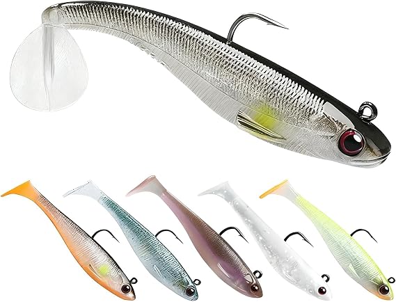 6 Pack Bass Fishing Lures, Pre-Rigged Soft Lures with Lead Jig Head, 3.5" Lifelike Paddle Tail Swimbait for Freshwater & Saltwater, Ultra-Sharp Hooks for Bass Trout Pike and Perch Fishing Lures