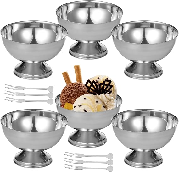 6 Pcs Stainless Steel Ice Cream Bowls, 200 ml/6.8 oz Metal Dessert Cups with Forks, Reusable Salad Serving Bowls, Decorative Tasting Sauce Cups for Homes, Parties