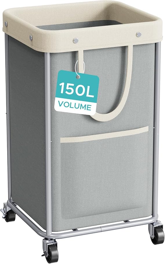 JYPS Laundry Basket 150L, Large Laundry Hamper with Wheels and Handle, Removable Washing Baskets& 2 Side Bags, Waterproof Oxford Fabric Laundry Bin for Dirty Clothes Storage, Bedroom,Laundry Room,Grey