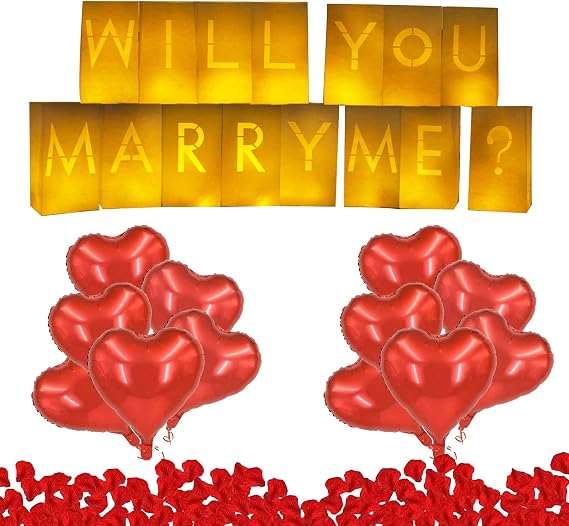 Proposal Decorations - Will You Marry Me Decorations, 15 Paper Bags, 12 Heart Balloons, 24 Flameless Candles, 1000 Rose Petals, Luminary Bags Decorations for Night Valentine's Day Engagement Party