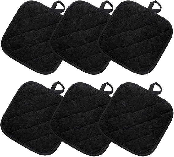 6pcs Pot Holders for Kitchen, Cotton Kitchen Hot Pads, Heat Resistant Oven Mitts and Pot Holders Sets (Black,6)