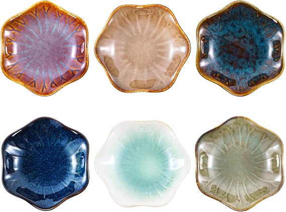 6X Kiln-Transformed Glaze Ceramic Sauce Dishes Dip Bowls Mini Bowl Set Dish Tableware Sushi Soy Dishes for Snack Appetizer Dessert Flower-Shaped