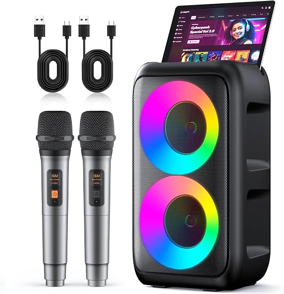 Karaoke Maschine Karaoke Anlage Mit 2 Mikrofonen Tragbare Karaoke Maschine Mit 2 Drahtlosen Mikrofone PA-System für Erwachsene Kinder mit LED-Lichtern