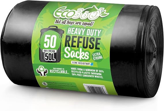 EcoBag - 50 Pack Heavy Duty Bin Bags - 50L - 35 Microns - Recyclable Black Bin Bag with Leak Resistant Seal, Sustainable Refuse Sack, Eco-Friendly Rubbish Bag for Home, Office & Kitchen (600x800 mm)