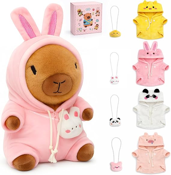 9-Pc Capybara Plush Set with 4 Outfits & Backpacks, Gift Box for Kids