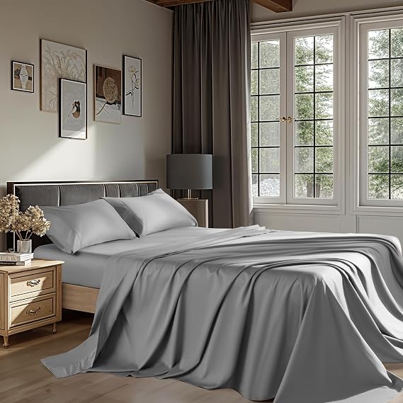 100% Egyptian Cotton Sheets 1200 Thread Count King Size 4 Pcs Bedding Sets Fitted Sheet Up to 16" Deep Soft Breathable (King, Grey)
